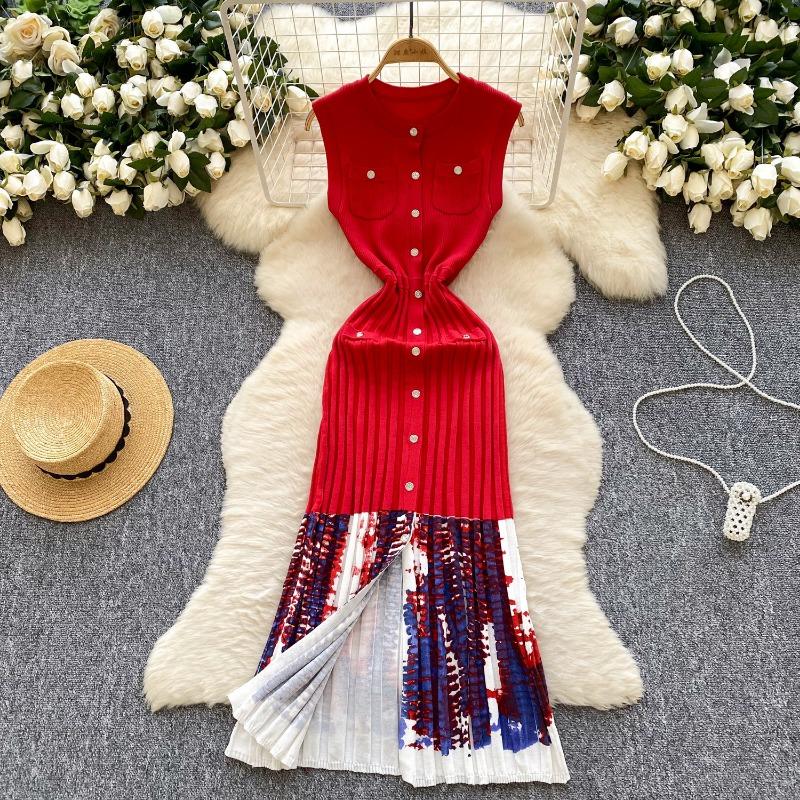 

Простое вязаное платье без рукавов для женщин с летним лоскутным однобортным дизайном One Size красный