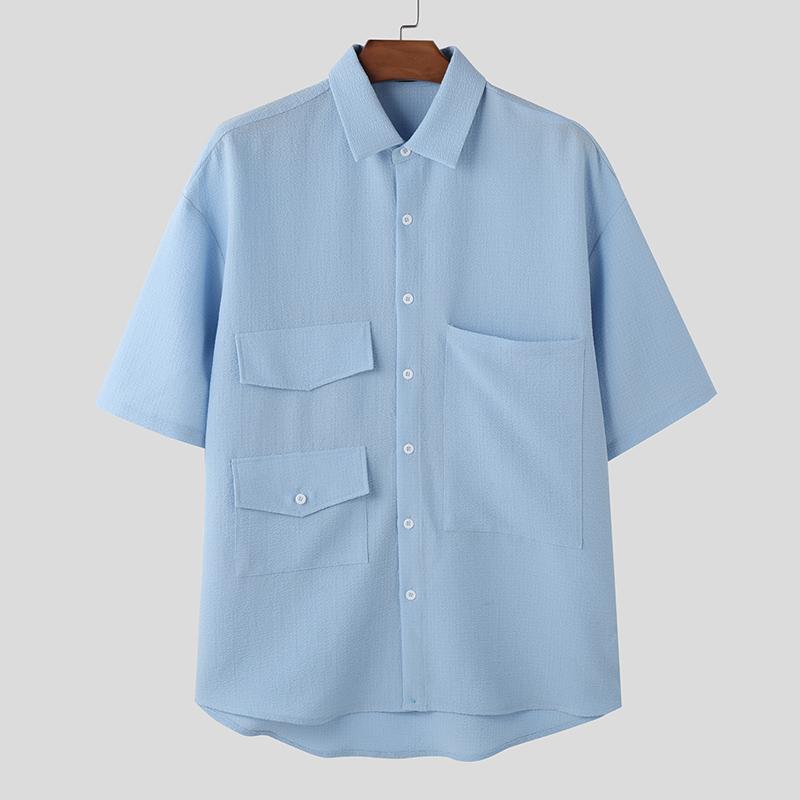 

INCERUN Oversized Summer Men Lapel Neck Short Sleeve Texture Casual Shirts 2XL синий