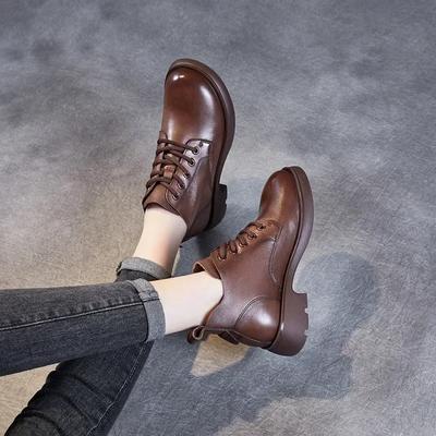 Fashion New 2024 Autumn Genuine Leather British Style Women's Fashion Boots Lace Up Short Ankle Boots Women Winter Warm Shoes