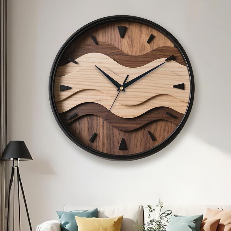 Nordic Style Round Wood Grain Wall Clock Imitation Three-dimensional Wave Texture Living Room Bedroom Decoration Clock Simple Silent Wall Clock