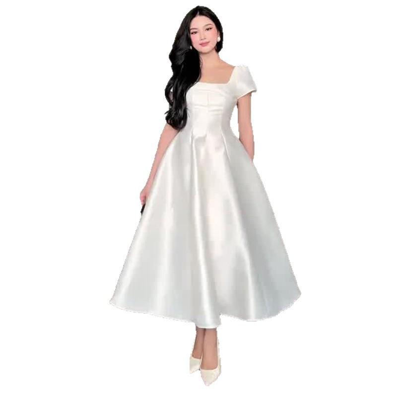 Elegant White Square Neck Waist-Cinched A-Line Maxi Dress Women 2026