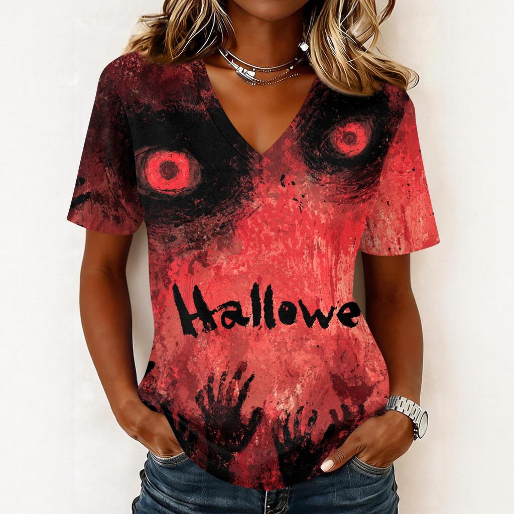 Womens Halloween Print V Neck Pullover Top Short Sleeve Casual Shirt Lightweight Comfortable Fit