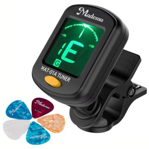 Mademu Guitar Tuner, Clip-on Tuner, Compatible with Ukulele, Bass, and Violin, Japanese Brand (Tuner and Pick Set)