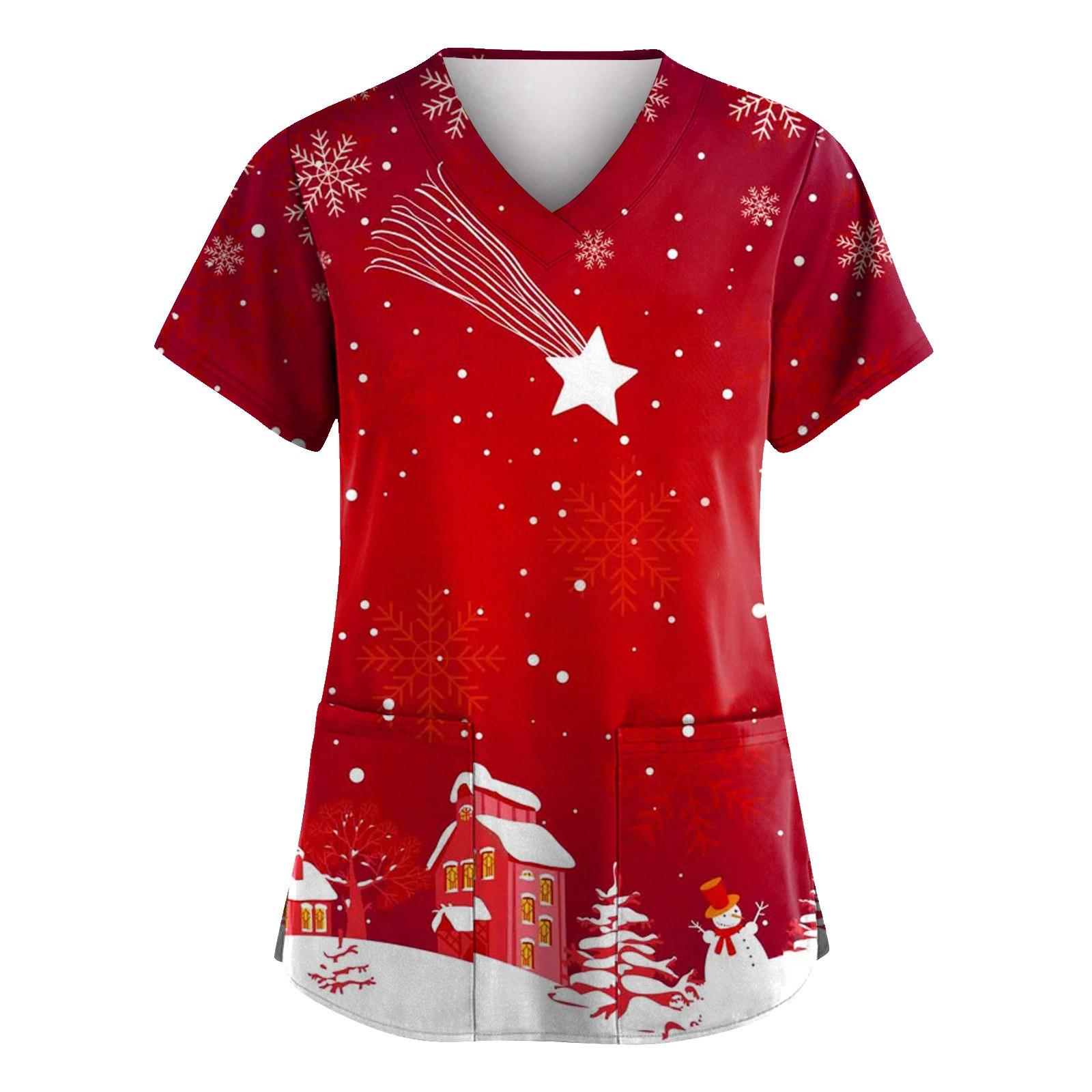 

Женская мода с v-образным вырезом, короткими рукавами и карманами, топы с принтом L красный