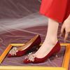 Red Wedding Shoes 2025 French Main Wedding Bridal Shoes Pointed Stiletto Suede Low Heel Single Shoes Women's 3
