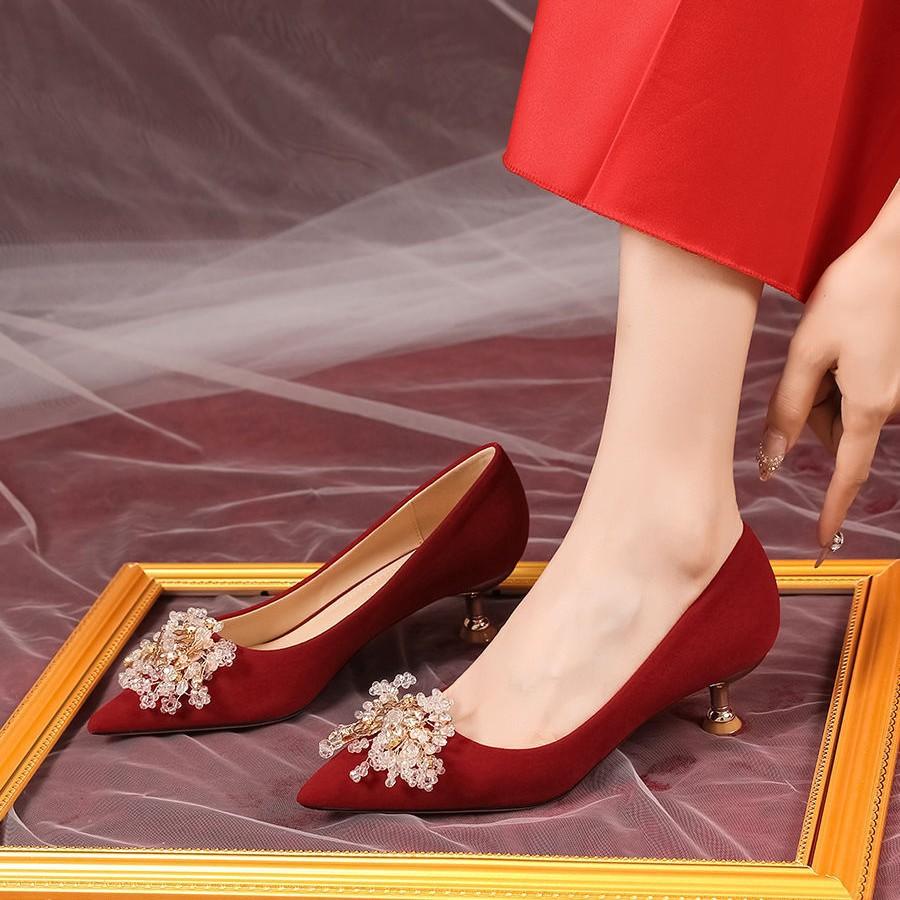 Red Wedding Shoes 2025 French Main Wedding Bridal Shoes Pointed Stiletto Suede Low Heel Single Shoes Women's 3