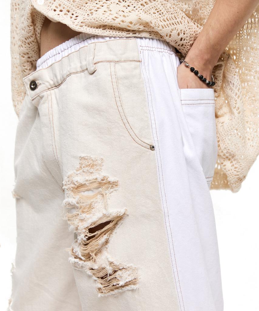 Aleseuseussi Layerd Destroyed Denim Pants - Ivory/White