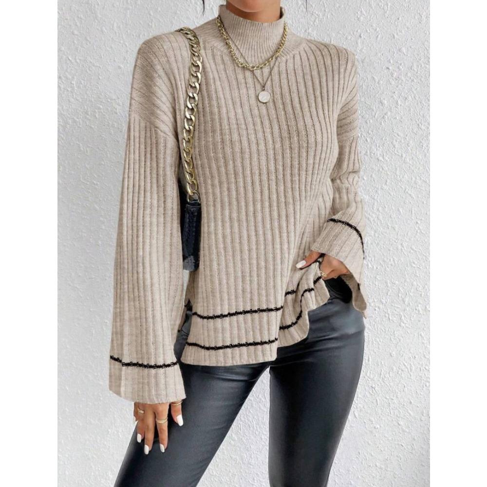 Women's Mock Neck Long Sleeve Contrast Stripe Ribbed Knit Loose Pullover Sweater Autumn Casual Top