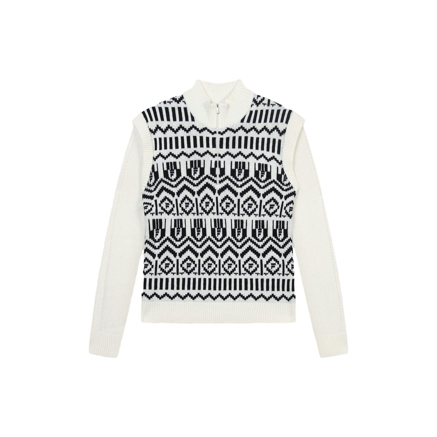 

FILA Emerald Patchwork Printed Casual Long Sleeve Knit Top Women tops Ice-Cream-White F11W344404F-IV L