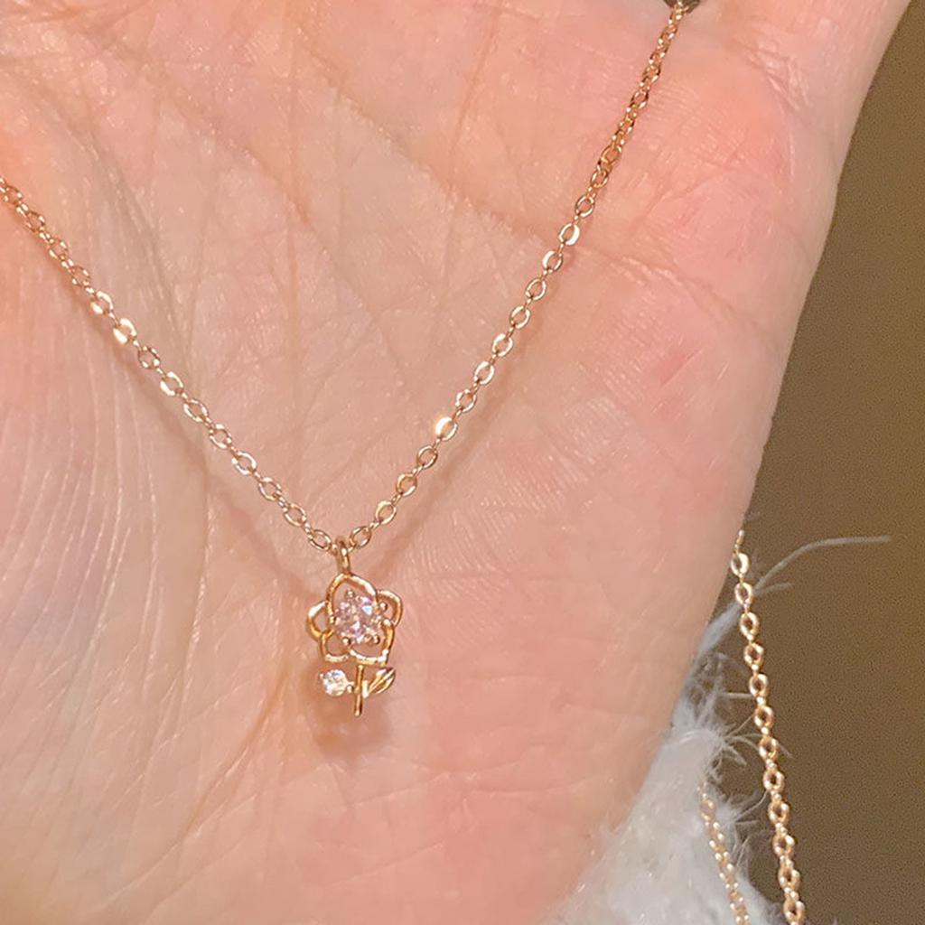 Collana con ciondolo a forma di fiore di rosa con zircone rosa carino per donna, accessori estivi, gioielli per feste, regali di compleanno