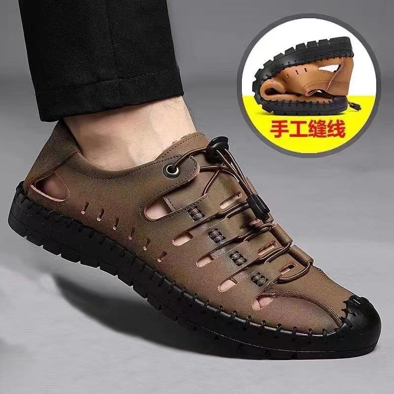 

Новые модные сандалии мужские сандалии уличные сумка голова обувь плоская подошва дырки полые обувь дышащая мягкая подошва обувь 38 хаки