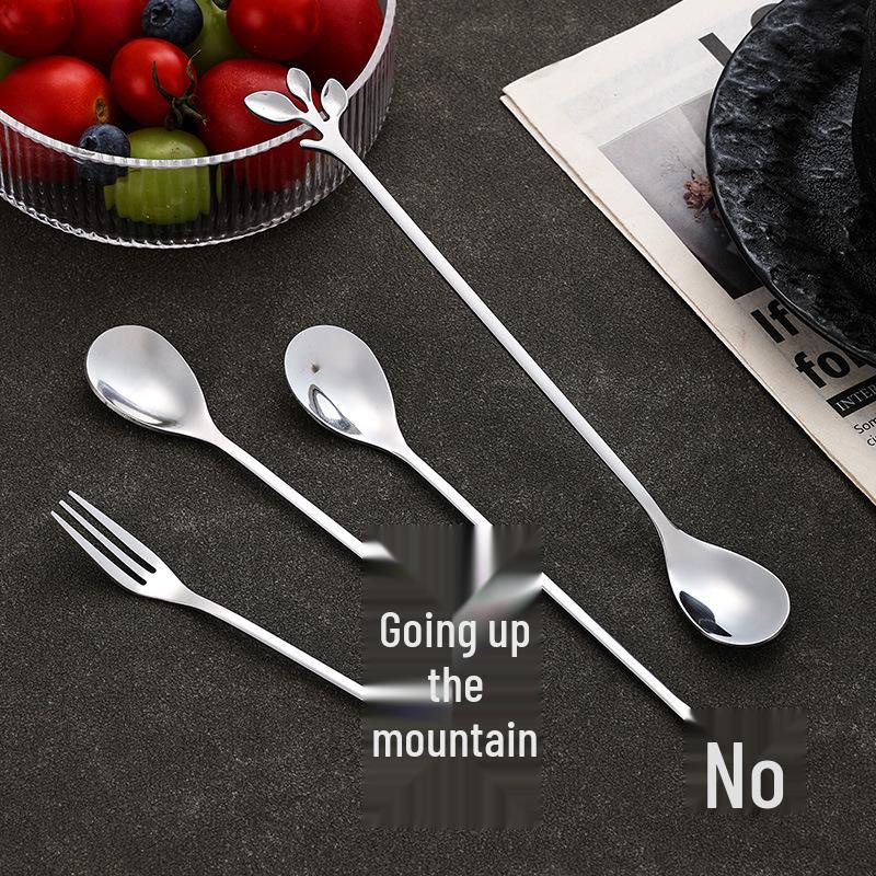 Gold Stainless Steel Leaf Spoon and Fork Set - Long Handle for Stirring, Desserts, and Coffee