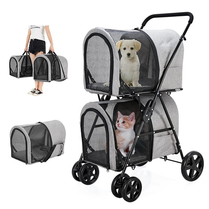 for Large Luxury Designer Double Dog Stroller Foldable 4-Wheel Trolley 4-in-1 Twin Pet Stroller for Dogs and Cats