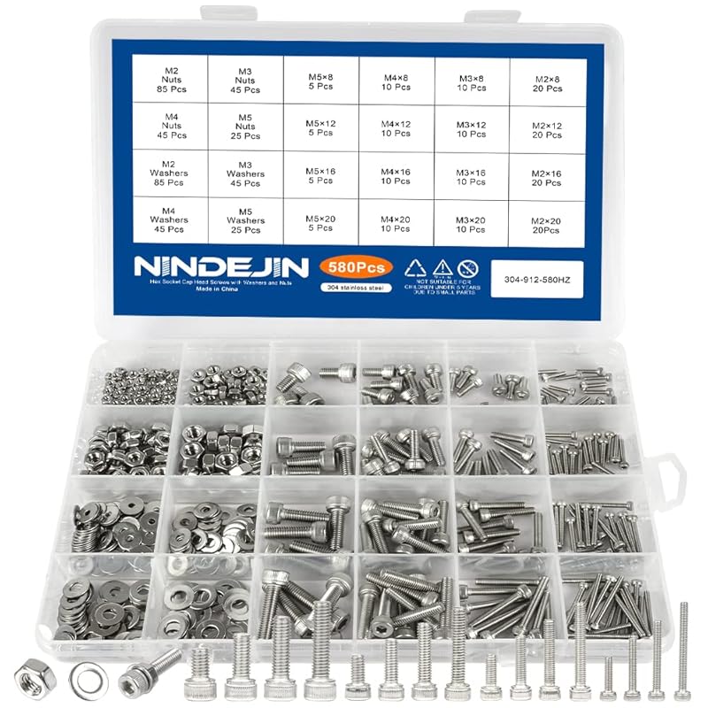 NINDEJIN Metric Button Head Socket Cap Screw Bolts & Flat Washers & Nuts Assortment Kit M2 M3 M4 M5 Stainless Steel Machine Screws Set and Wrench,