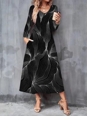 2025 Automne et Hiver Nouvelle Robe Décontractée Tendance Femme Imprimé Motif Rétro 3D Manches Longues Col en V Robes Trapèze