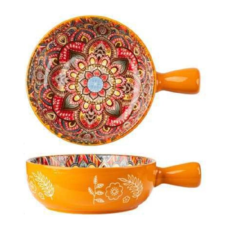 Multipurpose Bohemians Handled Bowl Salad Bowl Ceramic Texture Oven Microwave Safe Dishwasher Cleanable Healthy Cooking
