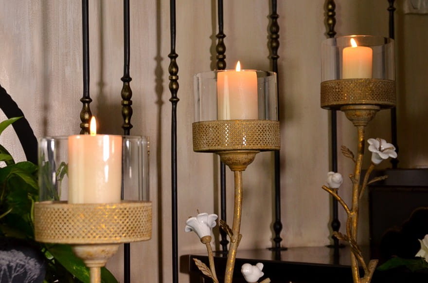 Tall gold candlestick in glamour retro style with porcelain flowers 87cm