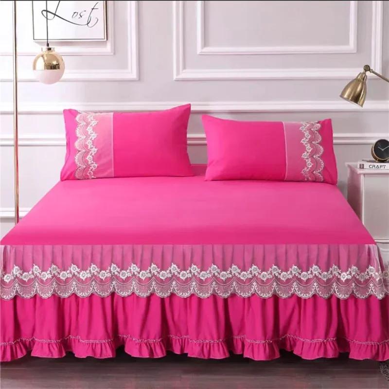 3pcs Bed Skirt Bedspread Pillowcase Ruffle Lace Anti Slip 1.8x2.0m Bed Cover Solid Colour Lace Mattress Dust Bedding Cover
