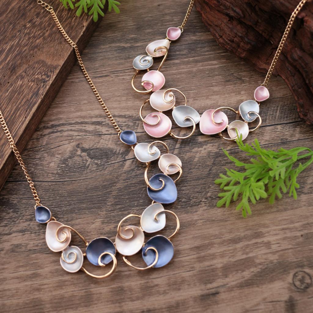 Enamel hollow flower gold necklace, petal shape women's fashion accessories