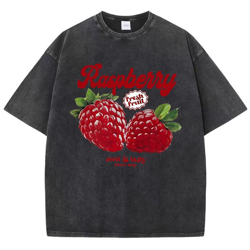 T-shirts Lavés Imprimés Fruits Frais Framboise pour Femmes Hauts en Coton Confortables T-shirts Décontractés à Col Rond Vêtements d'Été pour Femmes