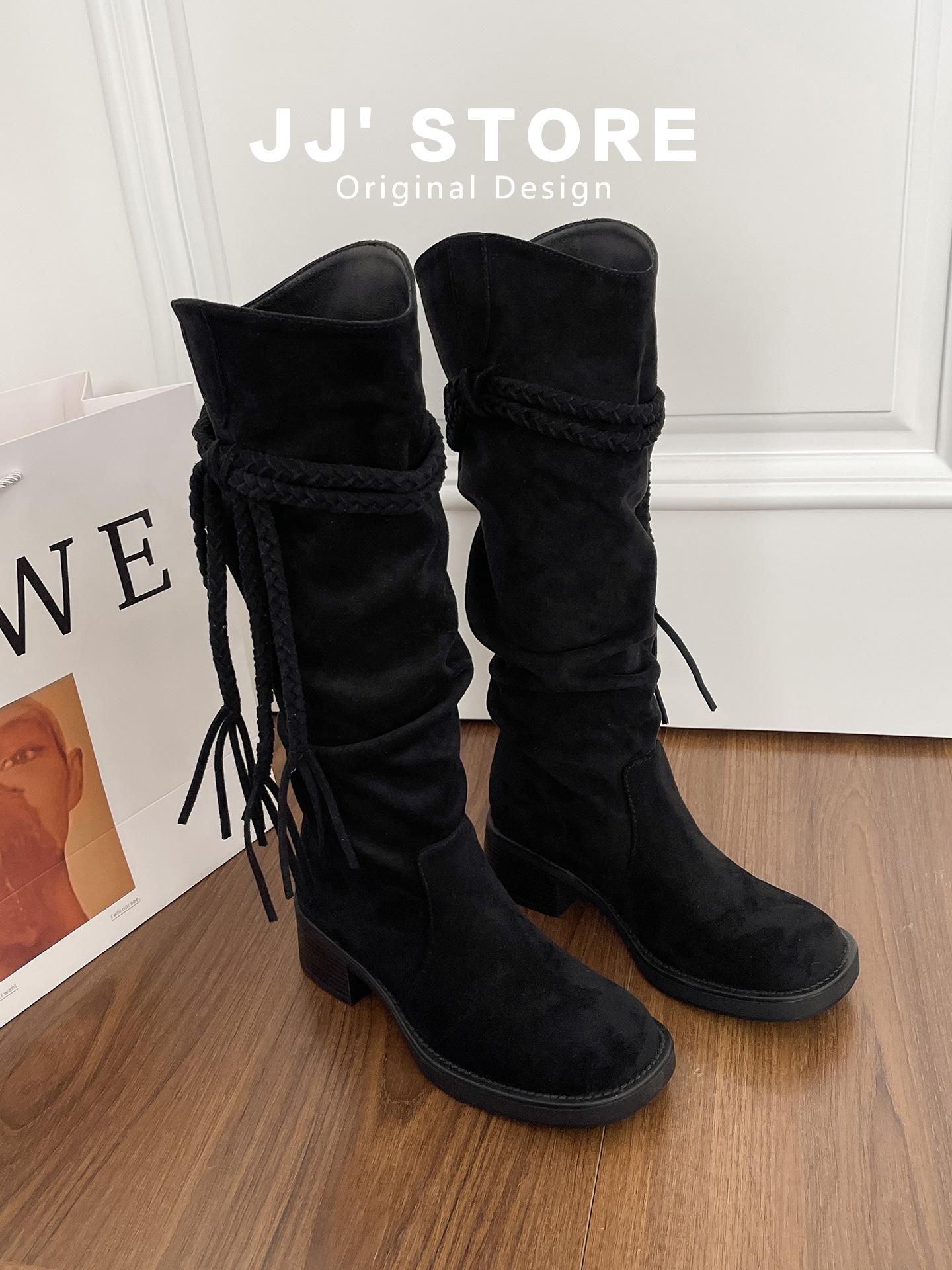 

Thick Heel Skinny Folded Pile Boots Tassel Retro Wasteland Wind Long Boots Women s Thick Bottom But Knee High Knight Boots 40 чёрный