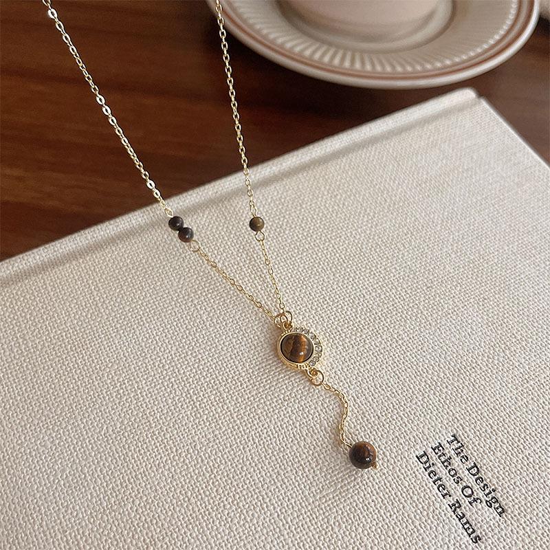 Ретро Подвеска Цветок из Тигрового Глаза Роскошное Ключичное Ожерелье