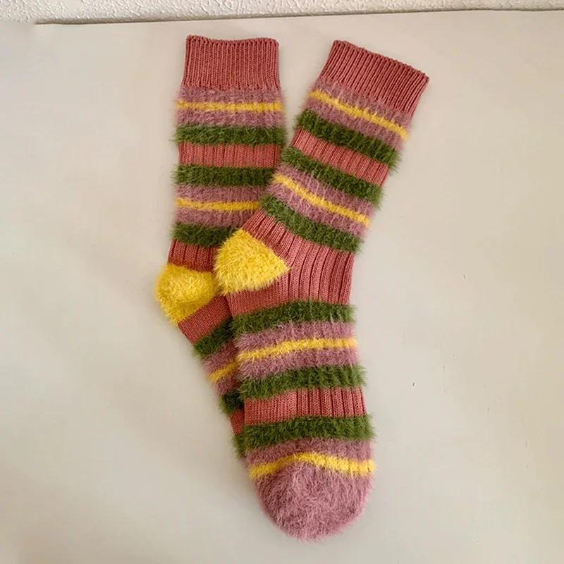 1/2pairs Striped Knitted Socks Women Girls Winter Warm Sock Home Mid-tube Mink Velvet Thick Stocking Thicken Fluffy Sleeping Sox