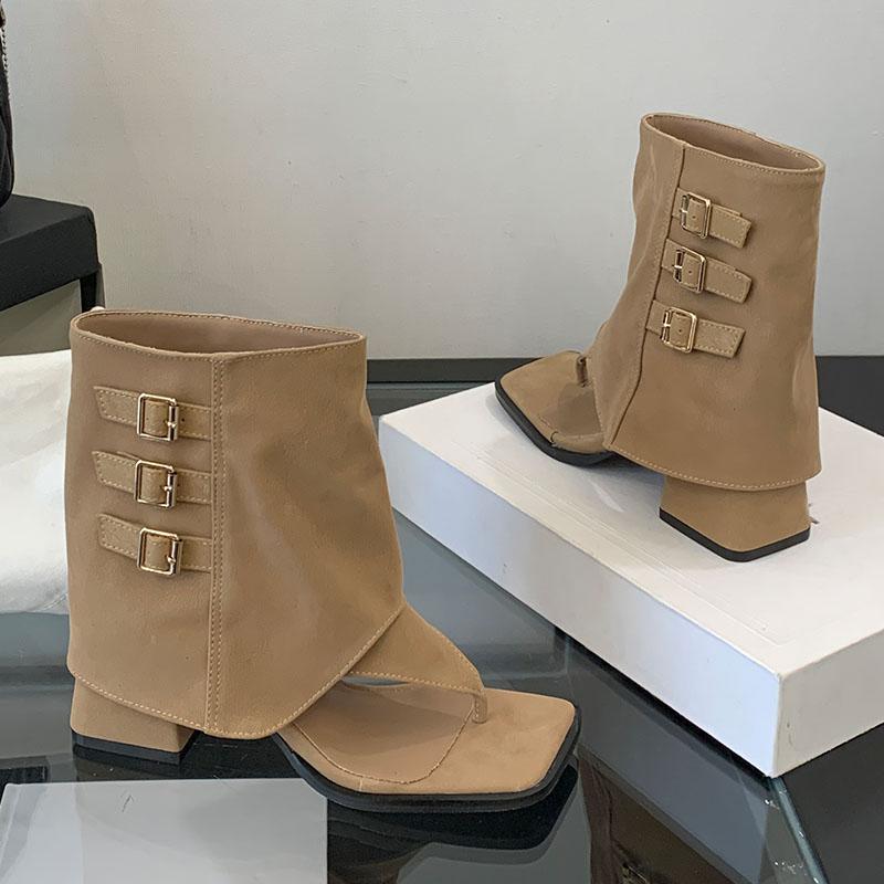 Mode Mode Schnalle Damen Knöchelsandalen Stiefel mit Absätzen Schuhe Weiblich Offene Zehen Fußbekleidung Slip On Damen Kurze Stiefeletten Zehensandalen