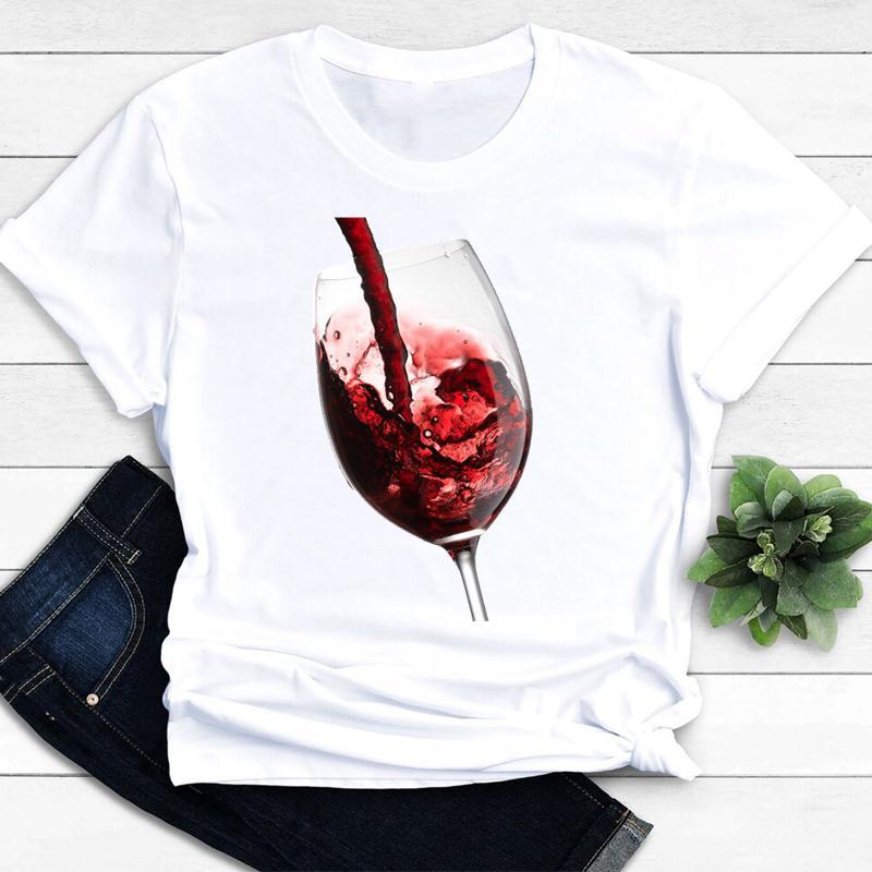Womens Vintage Tee Color Wine Glass Print a Generation Hair Base Shirt Trend Aesthetic Graphic T Shirts Casual Tops
