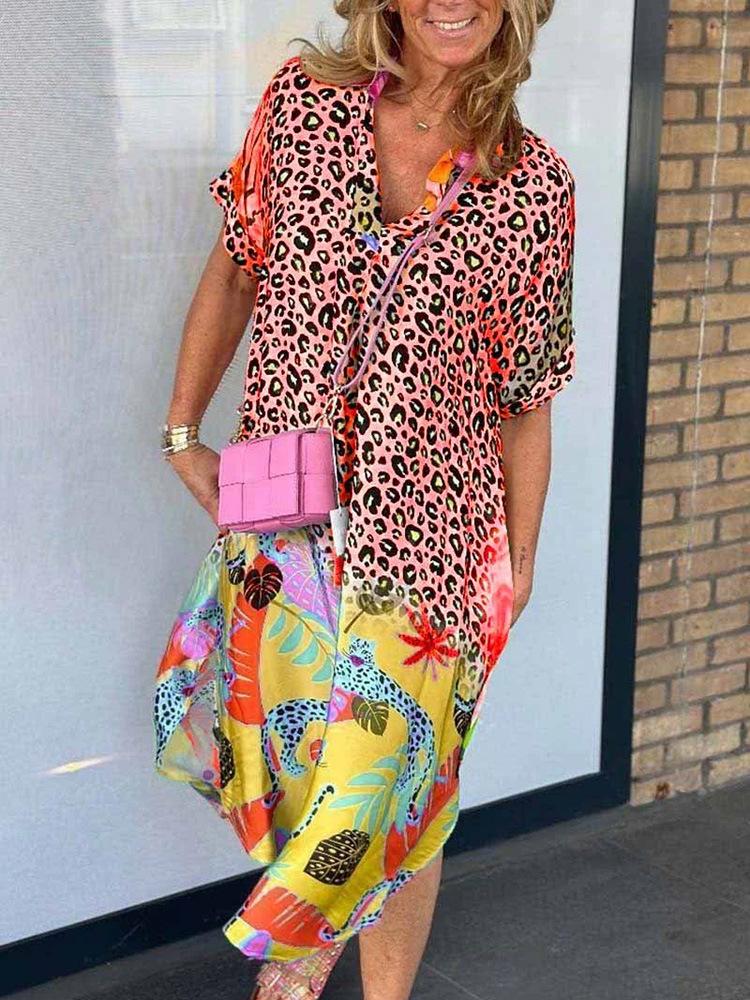 Leopard Print Patchwork Dresses Women V-neck Short Sleeves Pocket Loose Slit Midi Dress