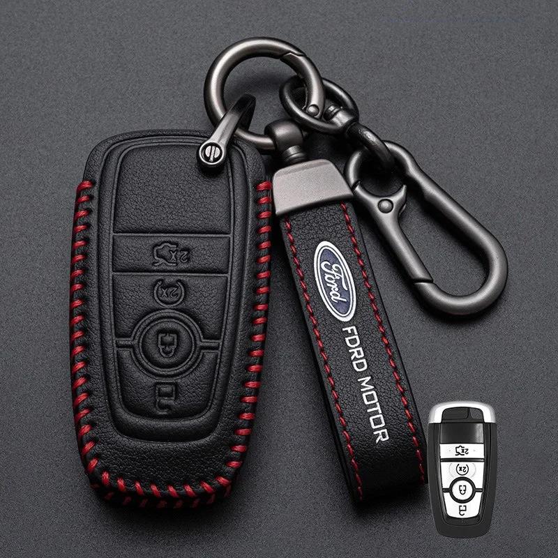 Autoaufkleber 2026 Ford 4 Tasten Leder Auto-Fernschlüsselhülle Unisex Für Ford Raptor F150 Explorer Mustang Fusion Escape F250 F350