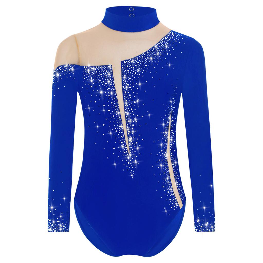 Dívčí třpytivé kamínky gymnastický dres dlouhý rukáv klíčová dírka na zádech průsvitná síťovina patchwork body pro krasobruslařskou soutěž