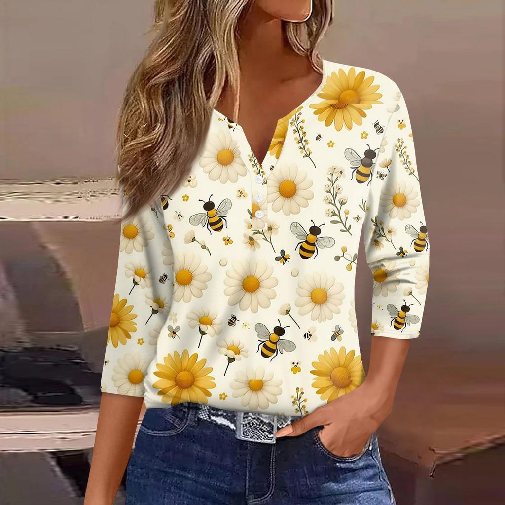 Women's T-Shirt Print Button 3/4 Sleeve Daily Weekend Fashion Basic V-Neck Regular Top