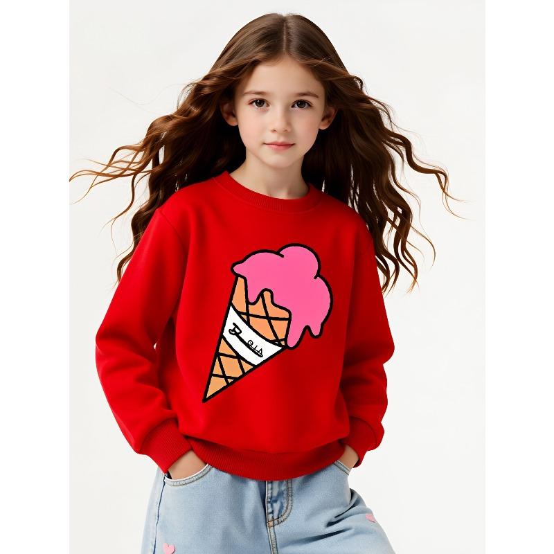European sizes Girls Soft Crewneck Sweatshirt Pink Ice Cream Cone with Waffle Pattern, Casual All-Match, Ideal Holiday Present
