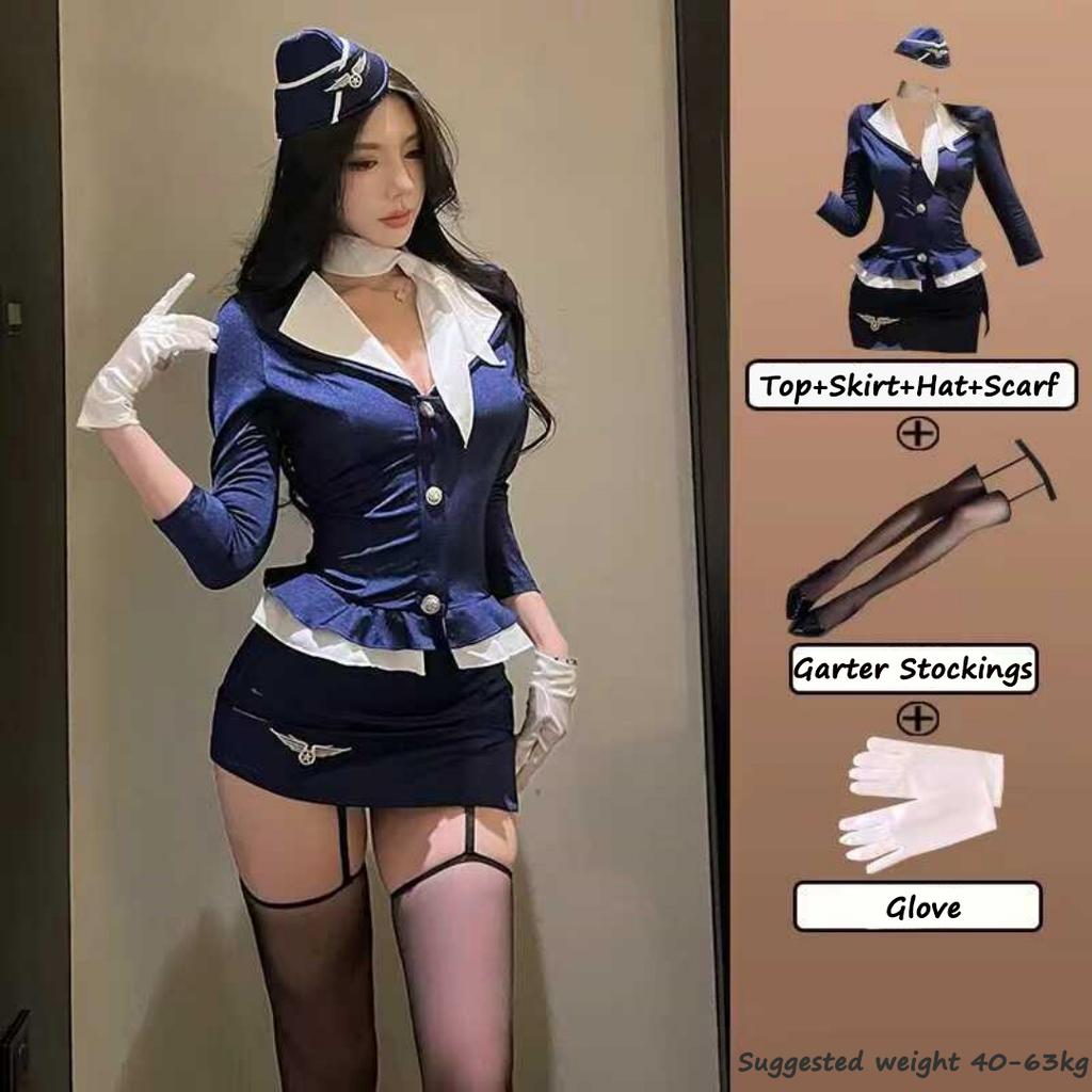 2025 NEW Woman Sexy Airline Stewardess Cosplay Sexy Air Hostess Uniform Halloween Costumes Fancy Role Play Party Nightclub Set