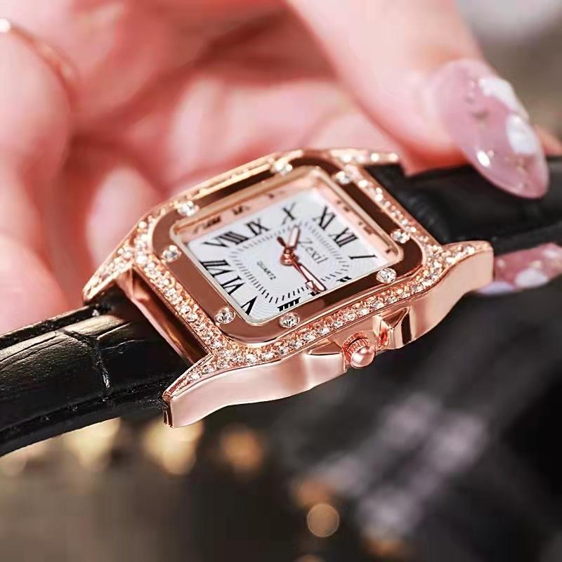 Fashionable Casual Ladies Watch Spot Set Auger Ms Roman Square Watch Women Watch Female Skin with Table