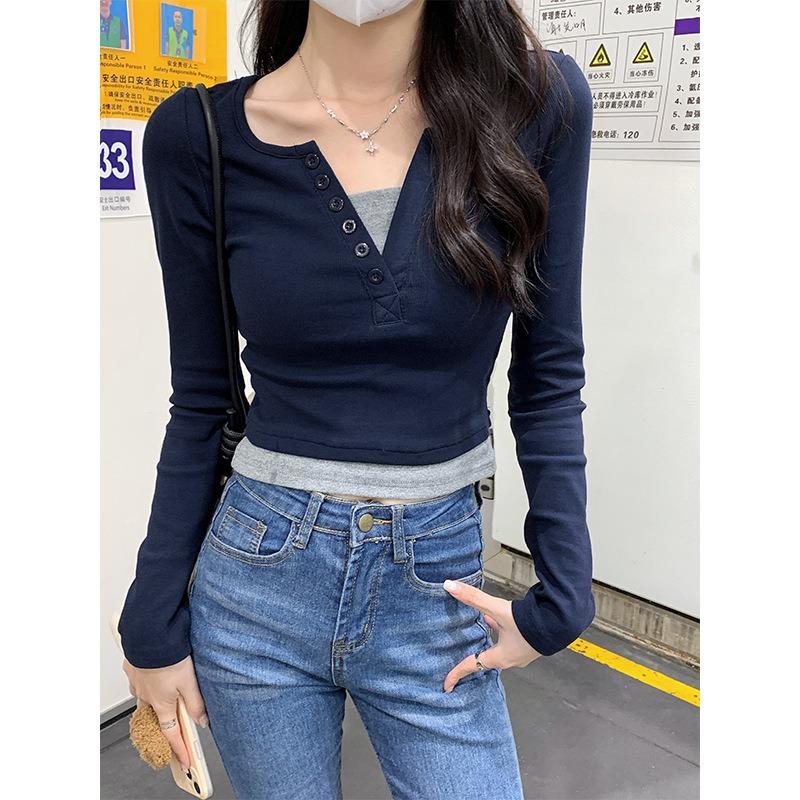 Pink age-reducing collar fake two-piece long-sleeved shirt women's bottoming shirt spring sweet and spicy slim-fitting short top