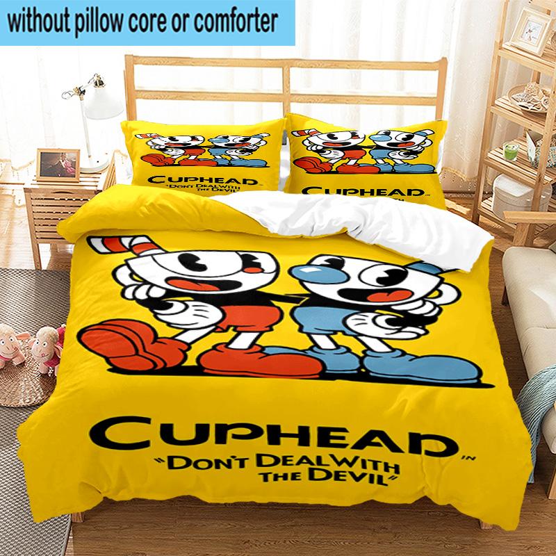3PCS Cup-head And Mugman Adventure 3pcs Bedding,Including 3PCS Duvet Cover And 2pcs Pillowcases Perfect for Christmas,Ideal for Bedroom, Dormitory