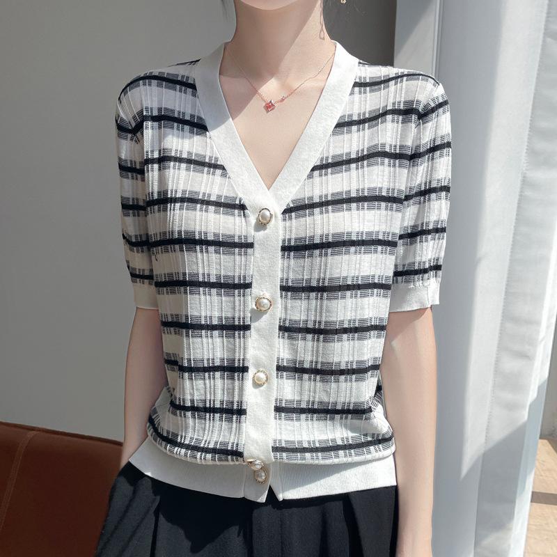 V-neck knitted cardigan women's summer loose contrasting striped short-sleeved fashion commuter jacket top