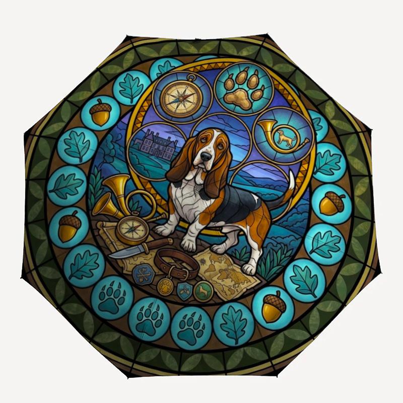 Glass Adventure Dog pattern umbrella, portable and foldable design, 8 ribs, a casual accessory for Halloween, Christmas, and birthday gifts.
