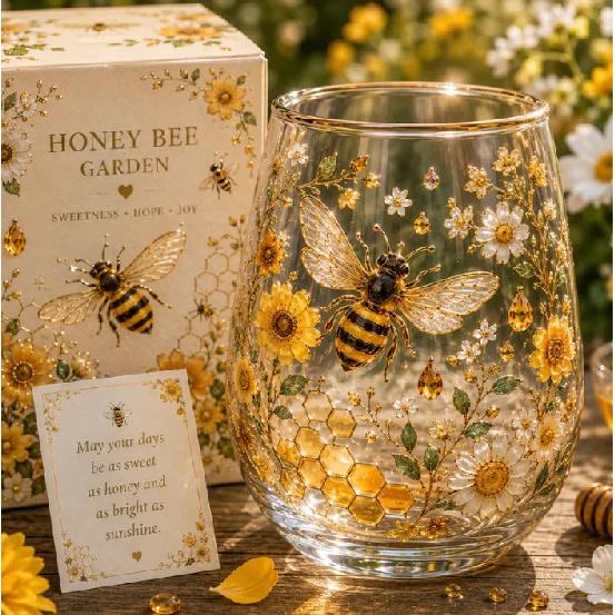 400ml Bee Garden Glass Cup with Gift Card Golden Bee Floral Printed Water Cup Stemless Wine Glass for Home Office Party Gift