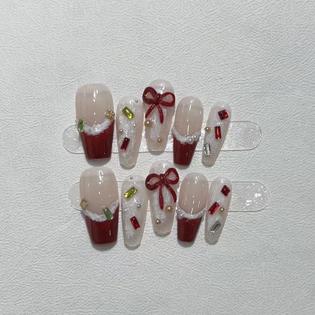 New Year's Manicure Pure Hand-wearing Nail Pieces Handmade Hand-painted Gypsum French Wine Red New Year's Manicure Bow