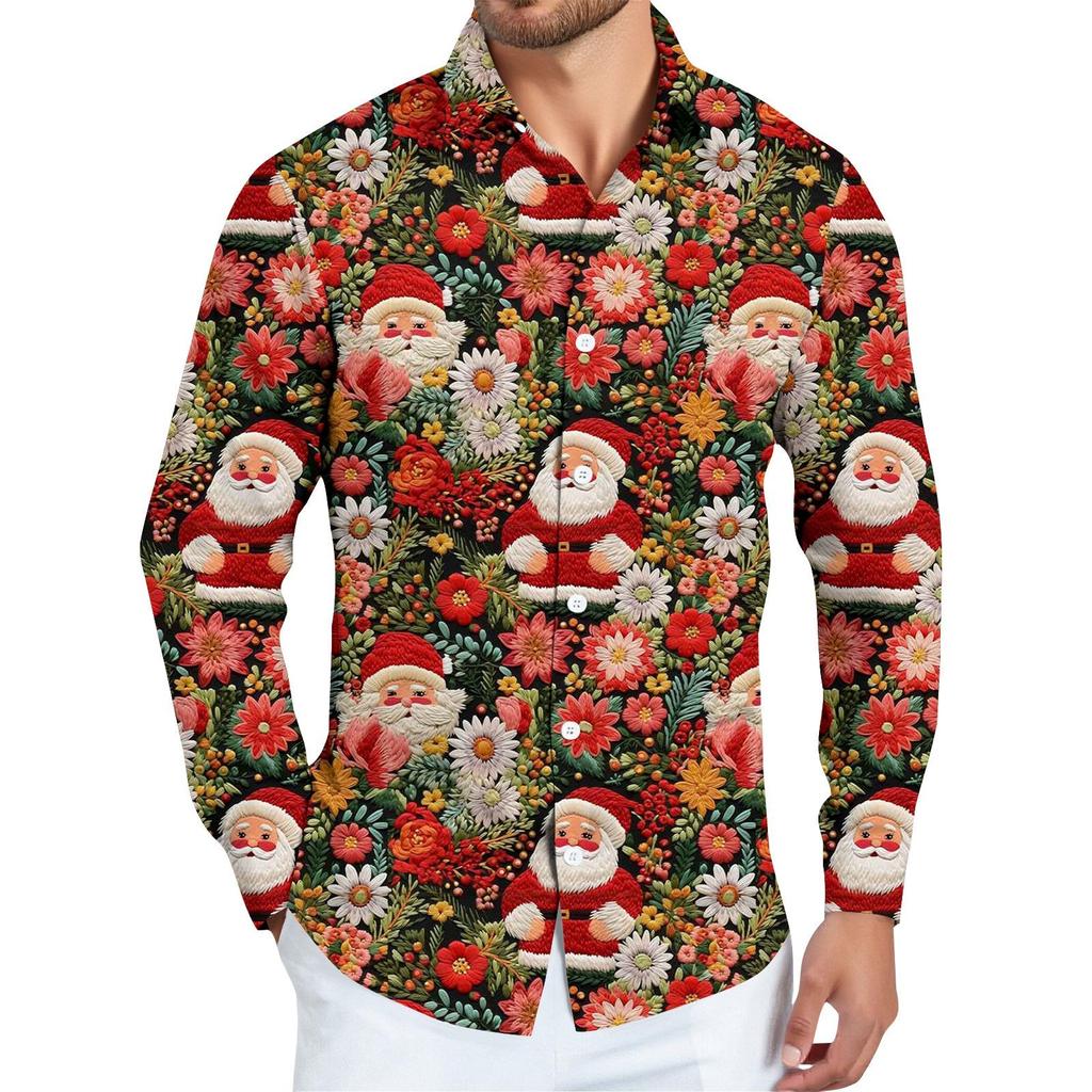 Men's Christmas Shirt Christmas Print Long Sleeve Button Shirt