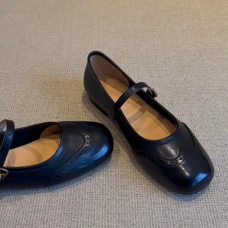 Sheepskin Version~ Genuine Leather French Retro Brock Engraved Mary Jane Small Leather Shoes Women's Versatile Flat-bottomed Shallow Mouth Single Sho