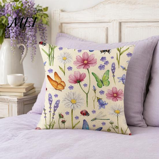 Cotton Linen Pillowcase Floral Cushion Cover, 18x18 Inch Decorative Throw Pillow Cover with Hidden Zipper, Breathable Plant Insect Flower Patterns,