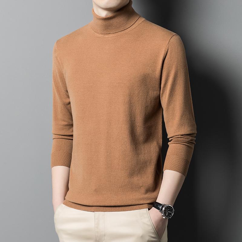 Men's Machine Washable Merino Wool High Neck Sweater, Solid Color, Double Folded Collar, Knitwear for Middle-Aged Dads, Base Layer