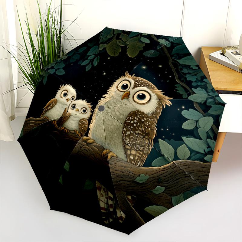 Owl  Pattern, Automatic Folding Umbrella, Portable and Foldable Design, 8 Ribs, a Christmas or Birthday Gift.