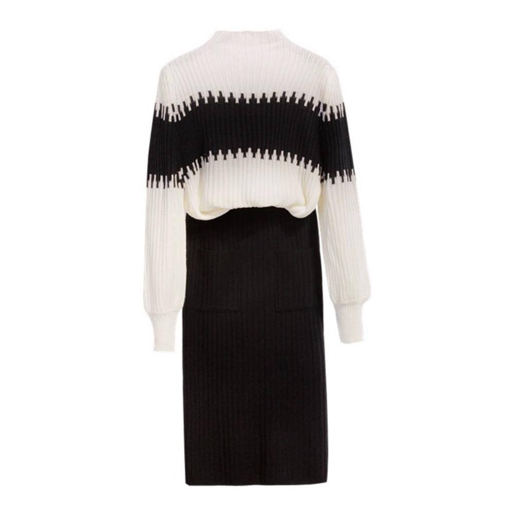 European-American style color-blocked striped pullover knit sweater suit dress, elegant goddess style, lantern-sleeve knit sweater with skirt S чёрный