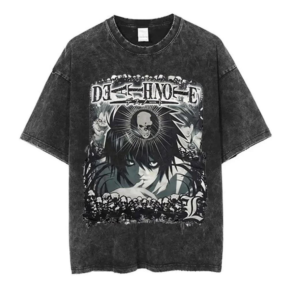 Washed Vintage Anime Death Note Ryuk Double Sided Print T Shirts Men Women Fashion Cartoon Street Oversized Crewneck Tshirts