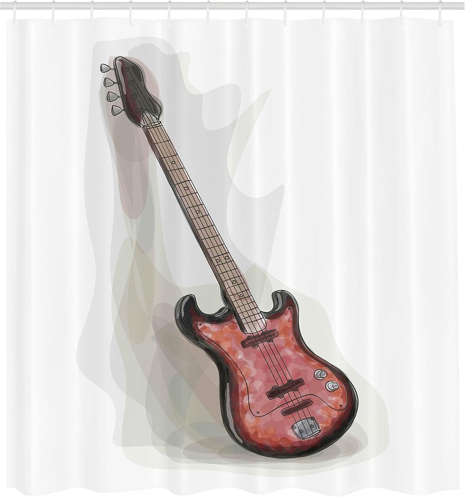 Electric Bass Guitar Shower Curtain Music Instrument Art Red Design Rock Theme Bath Decor Waterproof Fabric Home Accessories